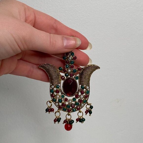 VINTAGE Large Gold & Ruby Dangly Necklace Pendant - Picture 4 of 4